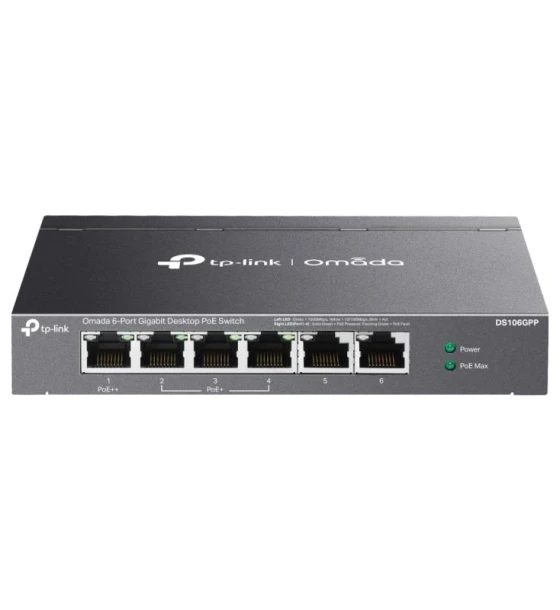 Omada 6-Port Gigabit Desktop Switch with 3-Port PoE+ and 1-Port PoE++ PORT 1x Gigabit PoE++ Port, 3x Gigabit PoE+ Ports, 2x Gigabit Non-PoE Ports SPEC 802.3af/at/bt type3, 64 W PoE Power