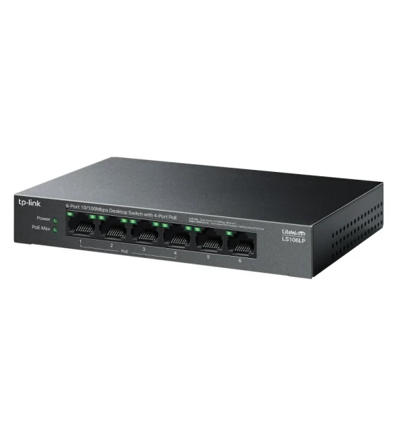 6-Port 10 Mbps Desktop Switch with 4-Port PoE PORT 4x 10 Mbps PoE Ports, 2x 10 Mbps Non-PoE Ports SPEC 802.3af, 41 W PoE Power, Desktop Steel Case FEATURE Extend Mode for 250m PoE