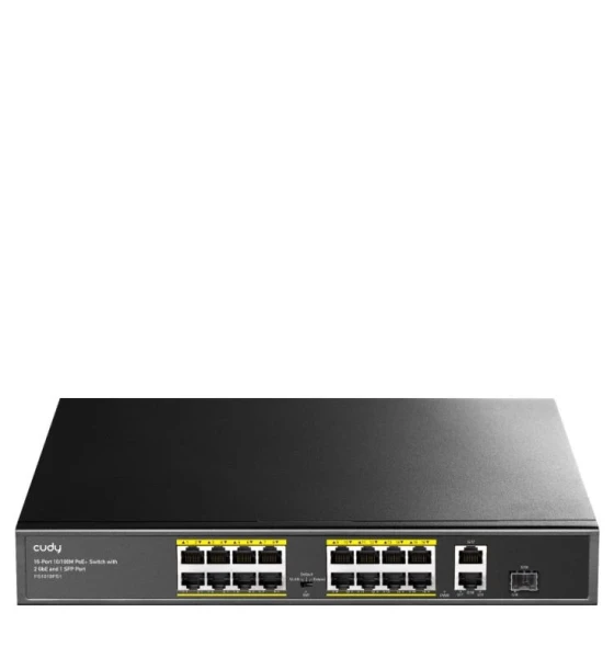 Switch retea CUDY 16-Port 10/100M PSE RJ-45 +2 Gigabit RJ- 45 +1SFP Port with 16 POE Ports Switch with Built-in power supply, support 16-port IEEE 802.3at PoE+ Injector, Rack-mountable Steel case