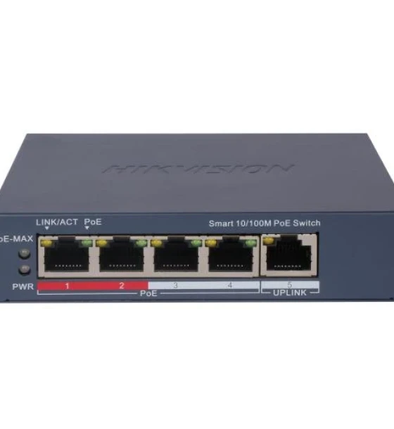 Switch 4 porturi PoE Hikvision DS-3E1105P-EI, L2, Smart Managed, 4 x 100 Mbps PoE RJ45 ports, si 1 x 100 Mbps network RJ45 port, Putere PoE 60 W, maxim 30W per port