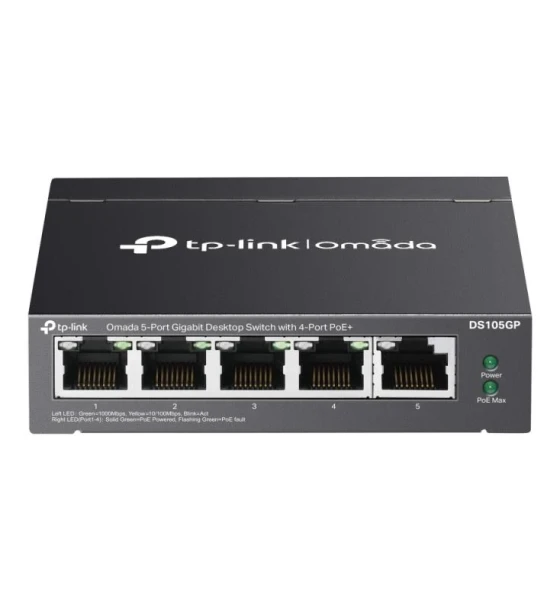 Omada 5-Port Gigabit Desktop Switch with 4-Port PoE+ PORT 4x Gigabit PoE+ Ports, 1x Gigabit Non-PoE Port SPEC 802.3af/at, 65 W PoE Power, Desktop Steel Case FEATURE Plug and Play