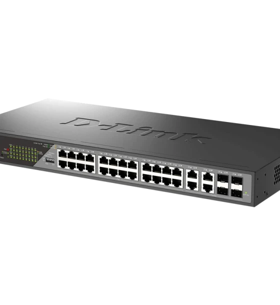 D-Link Switch DSS-200G-28MP, 24 x 10 Mbps PoE, 4 x Combo 1000 Mbps, Switching Capacity 56 Gbps, Forwarding Rate 41.67 Mpps, Buget POE 370 W 30 W/port