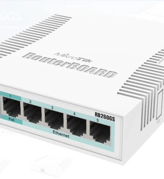 MIKROTIK SMALL SOHO SWITCH RB260GS CSS106-1G-1S, 5 X GIGABIT, Dimensiuni 113x139x28mm, Sistem operare MikroTik SwOS, 128Kb Flash, Consum maxim 5W, 5 x 10, 1 x SFP