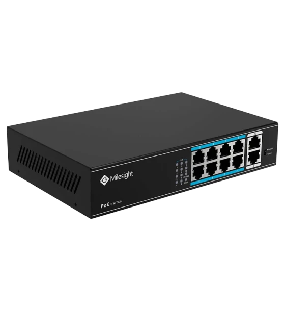 POE Switch Milesight 8 Porturi POE MS-S0208-EL, Porturi 8 x 10 Mbps PoE ports RJ45, 2 x 1000 Mbps uplink ports, Alimentare Built-in switching power supply AC 100 240 V, 50-60 Hz