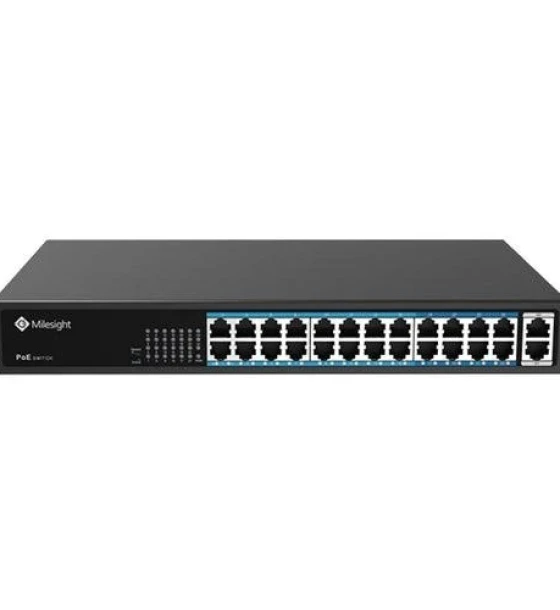 POE Switch Milesight 24 Porturi POE MS-S0224-GL, Porturi 24X10/100MbpsPoEports RJ45 +2X1000Mbps uplink ports, Alimentare Built- in switching power supply AC 100 240 V, 50-60 Hz