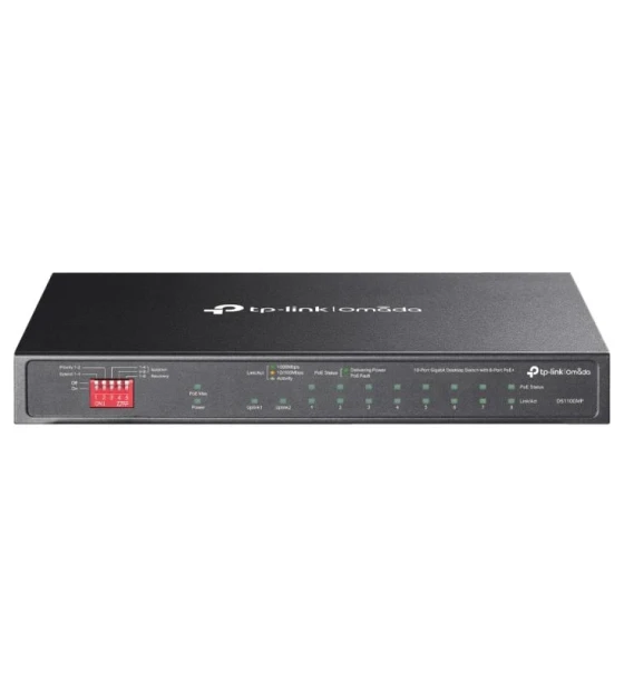 Omada 10-Port Gigabit Desktop Switch with 8-Port PoE+ PORT 8x Gigabit PoE+ Ports, 2x Gigabit Non-PoE Ports, 1x Combo Gigabit SFP Slot SPEC 802.3at/af, 123 W PoE Power