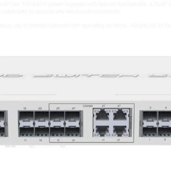 Mikrotik Cloud Router Switch, CRS328-4C-20S-4S+RM Smart Switch, 20 xSFP cages, 4 x SFP+ cages, 4 x Combo ports Gigabit Ethernet or SFP, 800MHz CPU, 512MB RAM, 1U rackmount case