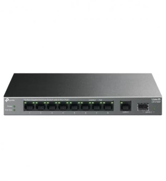 10-Port Gigabit Desktop Switch with 8-Port PoE+ PORT 8x Gigabit PoE+ Ports, 1x Gigabit Non-PoE Port, 1x Gigabit SFP Slot SPEC 802.3at/af, 61 W PoE Power