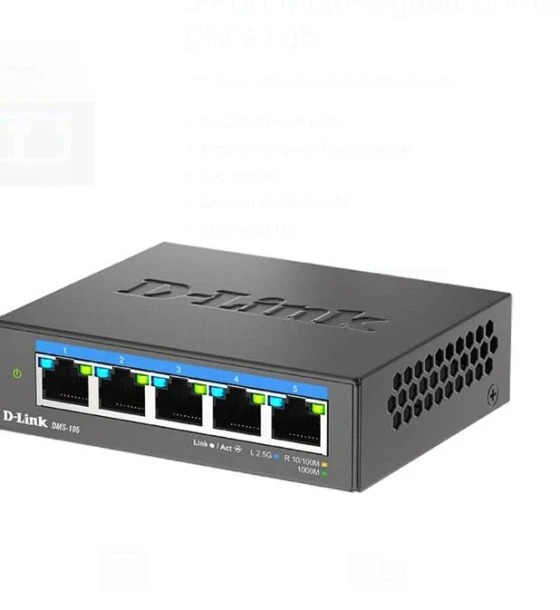 D-LINK DMS-105 UNMANAGED SWITCH 5 PORT, Interfata 5 x 10/100Mbps/1G/2.5G, Auto MDI/MDIX, CAPACITATE SWITCH 25gBPS, Packet Forwarding Rate 18.6 Mpps, Dimensiuni 100.5 x 82 x28mm
