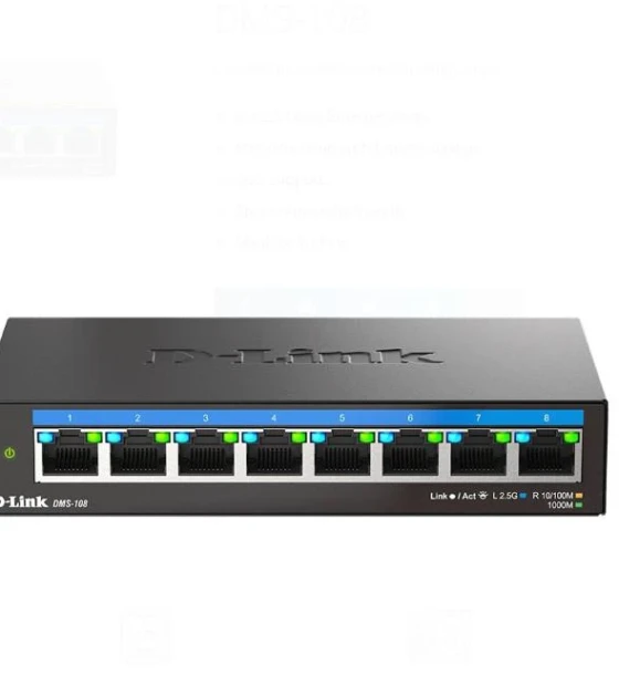 D-LINK DMS-108 UNMANAGED SWITCH 8 PORT, Interfata 8 x 10/100Mbps/1G/2.5G, Auto MDI/MDIX, Capacitate Switch 40 Gbps, Packet Forwarding Rate 29.76 Mpps, Dimensiuni 145 x 82 x 28 mm