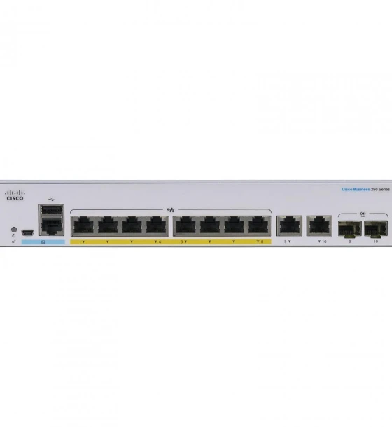 Switch CISCO CBS250-8FP-E-2G, 8 PORTURI 10, 2 x SFP, POE 120w, Buffer 1.5 Mb, Flash 256Mb, CPU 800 MHz ARM, DRAM 512 MB Dimensiuni 268 x 185 x 44 mm, Greutate 1.53 Kg