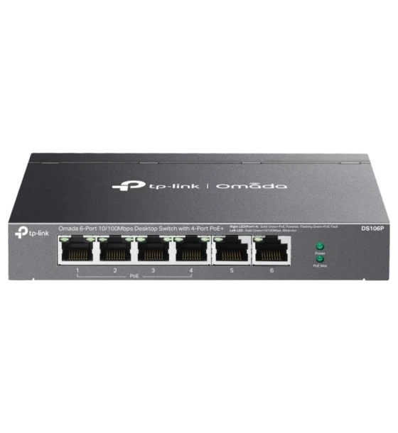 Omada 6-Port 10 Mbps Desktop Switch with 4-Port PoE+ PORT 4x 10 Mbps PoE+ Ports, 2x 10 Mbps Non-PoE Ports SPEC 802.3at/af, 67 W PoE Power
