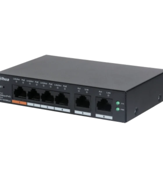 DAHUA 6 port Managed Desktop switch, CS4006-4ET-60, Interfata Port 1-4 4 x RJ-45 10 Mbps PoE Port 5-6 2 x RJ-45 10 Mbps uplink, Managd, Layer 2, Switching Capacity 4.8 Gbps