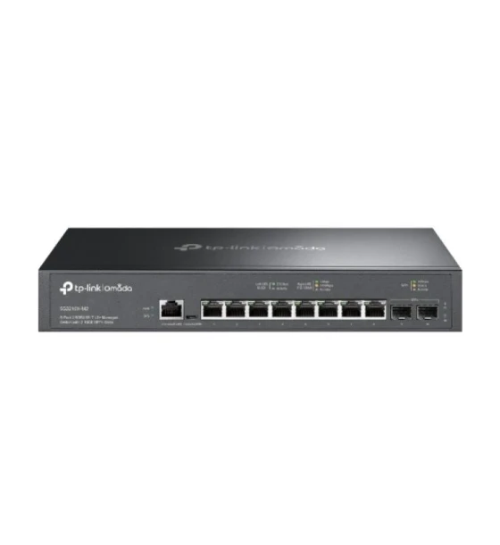 Switch TP-Link SG3210X-M2, 8 x porturi RJ 45, 2 x SFP+, viteza LAN 100 MBps, Layer L2+, capacitate 80 Gbps, dimensiuni 294 x 180 x 44 mm
