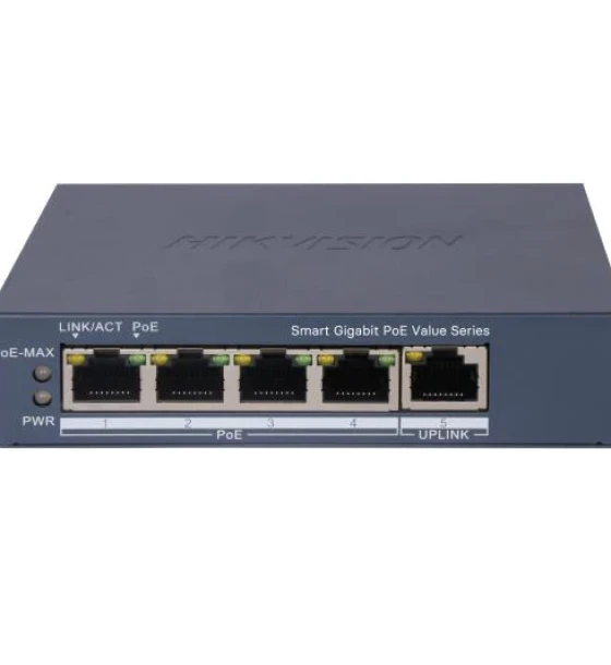 Switch PoE Hikvision DS-3E1505P-EI/M, 4 x Gigabit PoE port, 1 x Gigabit RJ45 port, Total PoE Power Budget 45W, Support 802.1Q VLAN, capacitate 10 Gbps, alimentare 54VDC, 0.92A