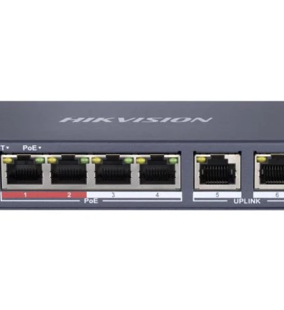 Switch PoE Hikvision DS-3E0106P-E/M B 4 x 10/100Mbps PoE port, and 2 x 10/100Mbps RJ45 port, 4 porturi PoE maxim 30W, buget PoE 35W, tensiune alimentare 48 VDC, 0.8 A