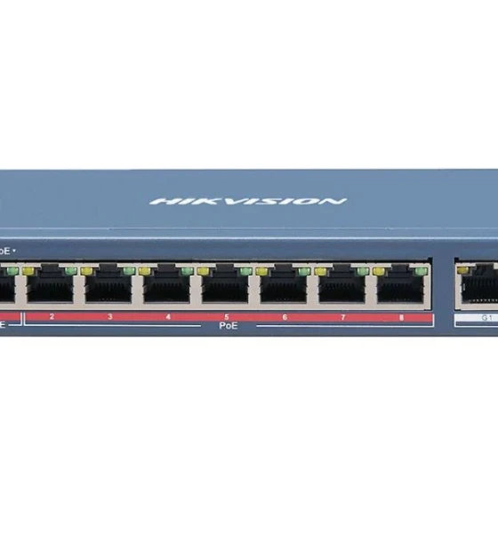 Switch 8 porturi PoE Hikvision DS-3E1310HP-EI prezinta 1 x 10 Mbps Hi-PoE port, 7 x 10 Mbps PoE ports, and 2 x 10 Mbps RJ45 ports, Up to 300 m Long Range PoE Transmission