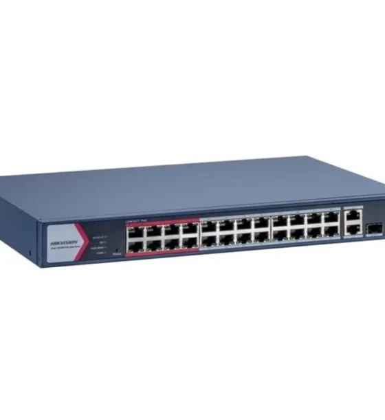 Switch PoE Hikvision DS-3E1326P-EI/M 24 x 10 Mbps PoE port, 1 x Gigabit combo, 1 x Gigabit RJ45 port, 24 porturi PoE maxim 30W, buget PoE 230W, tensiune alimentara 100-240 VAC, 50 Hz