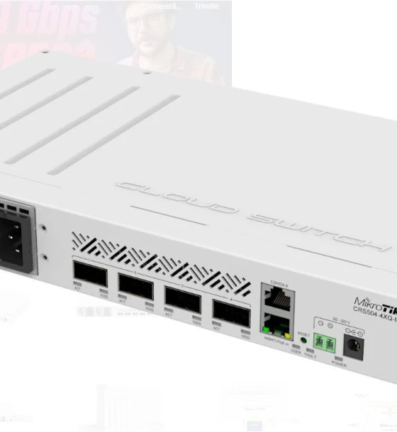 SWITCH MIKROTIK CRS504-4XQ-IN, 1 x 10/100Mbps, 4 x 100 QSFP28, Procesor 650 MHz, 64MB RAM, 16MB flash, dimensiuni 320 x 185 x 44 mm, racier 2 vantilatoare.IP 20