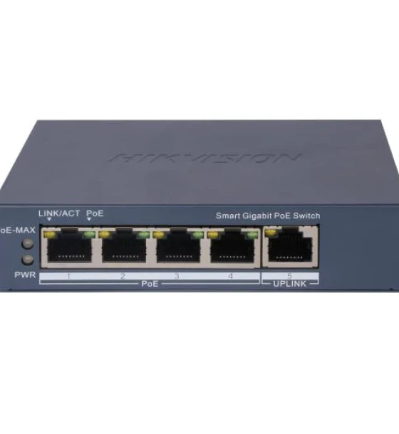 Switch PoE Hikvision DS-3E1505P-EI, 4 x Gigabit PoE port, 1 x Gigabit RJ45 port, Total PoE Power Budget 60W, Support 802.1Q VLAN, capacitate 10 Gbps, alimentare 54VDC, 1.2A