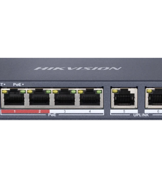 Switch Hikvision DS-3E0106P-E-M, Switching capacity 1.6 Gbps, 4 x 10/100Mbps PoE ports, and 2 x 10/100Mbps RJ45 ports, MAC address table 4 K, PoE power budget 35 W, Internal cache 768 Kbits