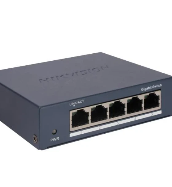 Switch Hikvision DS-3E0505-O 5 x Gigabit RJ45 ports, 10 Gbps, 1000M network access, alimentare 5VDC, 0.6A, dimensiuni 105.00 mm x 27.60 mm x 83.10 mm, greutate 0.17kg