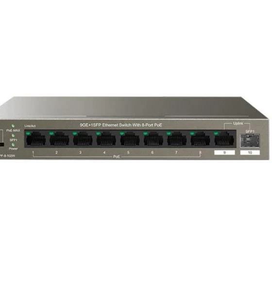 Switch retea Tenda switch TEG1110PF-8-102W, 9GE+1SFP Ethernet Switch, 8-Port PoE, interfata 8 10 Mbps Base-T Ethernet ports Data Power, 1 10 Mbps Base-T Ethernet port Data, 1 100 Mbps Base-X