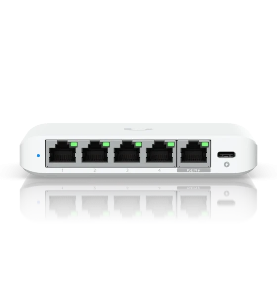 Switch retea Ubiquiti USW-Flex-2.5G-5, 5 porturi RJ45 1/2.5 GbE, capacitate 25 Gbps, 1 adaptor de alimentare AC, 5V DC, 1A, 1 PoE PairA 1, 2+ 3, 6- PairB 4, 5+ 7, 8