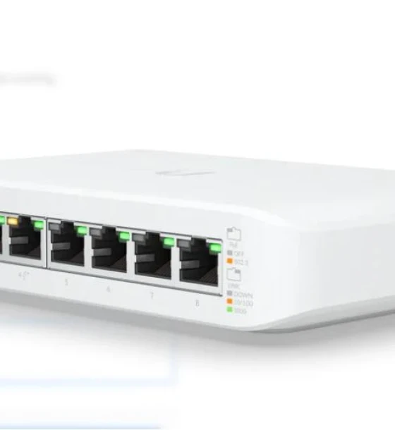Ubiquiti UniFi 8 port switch, USW-LITE-8-POE, 8 x 10 Mbe RJ 45 ports, 4 x POE, 8 Gbps, buget POE 52W, SMB layer 2 PoE GbE switch, dimensiuni 99.6 x 163.7 x 31.7 mm