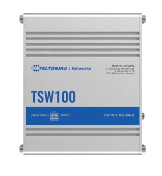 TELTONIKA INDUSTRIAL 5PORT Unmanaged POE+ Switch TSW100, Interfata 5 x ETH ports, 10 Mbps, supports auto MDI/MDIX crossover, Standarde retea 802.3i, 802.3u, 802.3ab, 802.3x, 802.3az