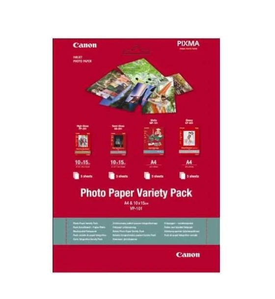 Hartie foto Canon VP-101S Variety Pack, dimensiune 10x15cm, greutate 200g/m2, 20 coli, 5 High gloss, 5 semi gloss, 5 matte, 5 glossy