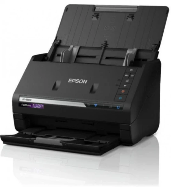 Scanner Epson FASTFOTO FF-680W, dimensiune A4, tip sheetfed, viteza scanare 46ppm alb-negru si color, optica 6400x9600dpi, senzor CIS, Duplex, software Epson ScanSmart, Formate iesire JPEG