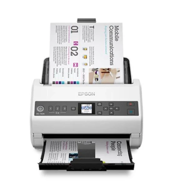Scanner Epson DS-730N, dimensiune A4, tip sheetfed, viteza scanare 40 ppm alb-negru si color, optica 1200dpi, ADF Single Pass 100 pagini, duplex, Scan to Email, Scan to FTP