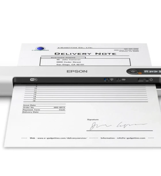 Scanner Epson DS-80W portabil, dimensiune A4, tip sheetfed, viteza scanare 4 sec/pagina alb-negru si color, optica 600x600dpi, fiabilitate ciclu de lucru zilnic 300 pagini