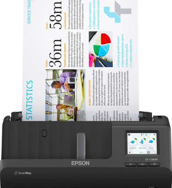 Scanner EPSON ES-C380W A4 Compact Network Sheetfed Scanner, PC-FREE scan, optica 600 x 600 DPI, Sursa lumina ReadyScan LED technology, Viteza scanare 30ppm, Capacitate ADF 20 coli