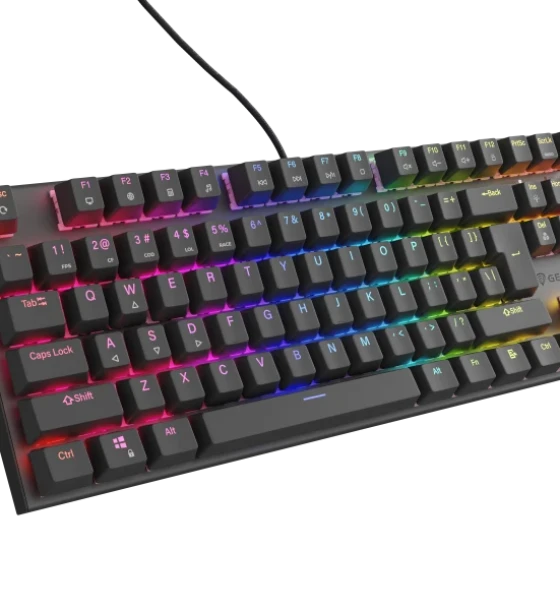 Tastatura gaming mecanica cu fir Genesis Thor 303 TKL, iluminare RGB, switch Linear, switch model Outemu Peach Silent, numar taste 87, 11 butoane multimedia, lungime cablu 1.8m