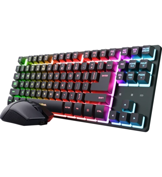 Tastatura Kit Trust GXT 832 Thado Wireless, material ABS, tastatura TKL, iluminare, mouse optic, maxima 6400 DPI
