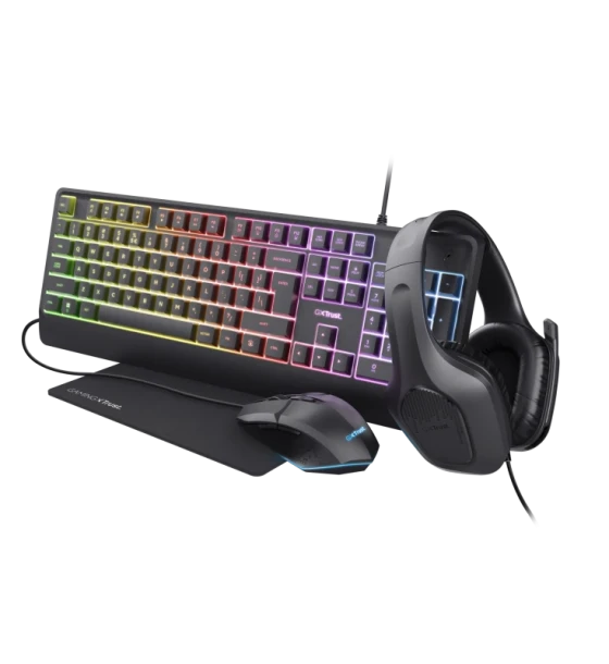Tastatura Kit Trust GXT 792 Quadrox 4-in-1, kitul contine casti gaming, tastatura gaming, mouse gaming, mousepad, adaptor
