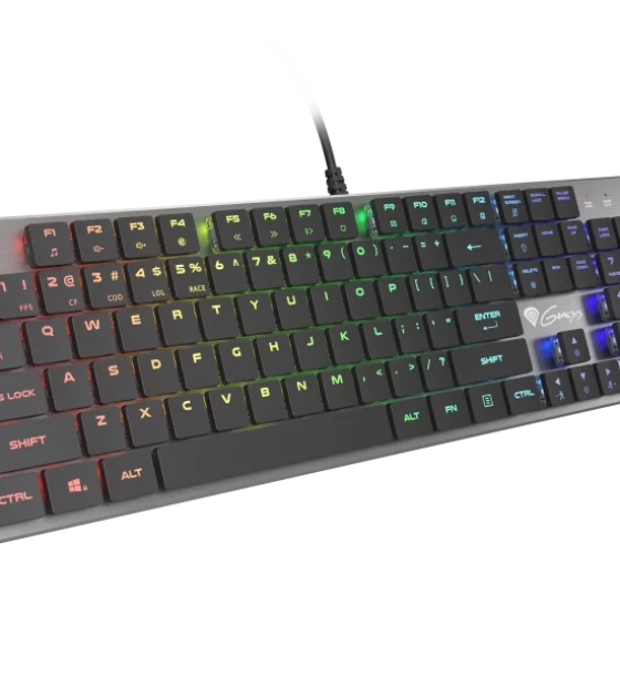 Tastatura gaming mecanica cu fir Genesis Thor 420, iluminare RGB, switch Content Slim Blue, numar taste 104, 12 butoane multimedia, lungime cablu 165m, dimensiuni 418 x 113 x 24 mm, gri