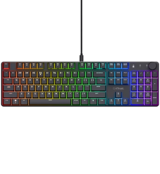 Tastatura mecanica Trust GXT 866 Torix cu fir, swtich linear, 104 butoane, full RGB, butoane programabile, tipuri de jocuri FPS, MMO, MOBA, RPG, RTS, negru