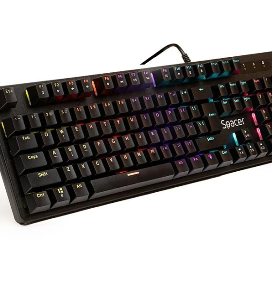 Tastatura Spacer WARRIOR cu fir, USB, switch-uri mecanice albastre, 50 mil. apasari, 104 taste, anti-ghosting 26 taste, anti-spill, black