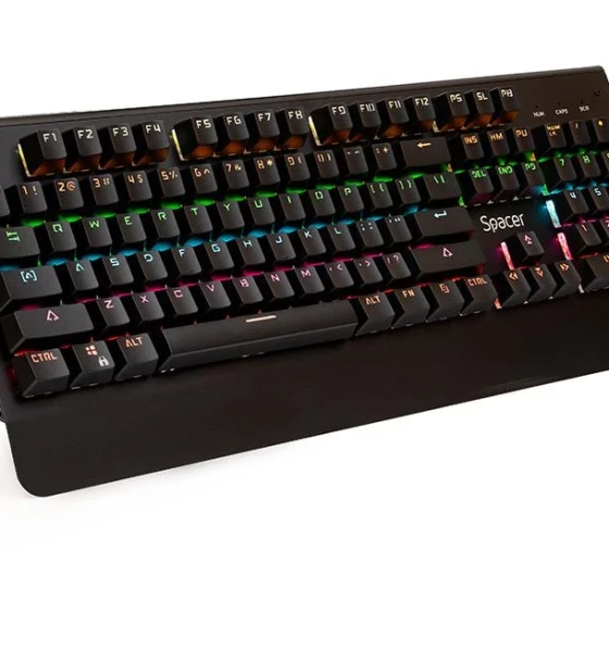 Tastatura Spacer SPKB-MK-01 cu fir, USB, switch-uri mecanice albastre, 50 mil. apasari, 104 taste, anti-ghosting 26 taste, anti-spill, palm rest metalic, black