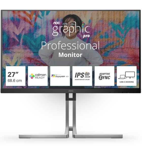 Monitor AOC 27 inch Q27U3CV, 16:9, QD-IPS, 2560x1440, 75Hz, GtG 4ms, Luminozitate max 420 cdmp, Contrast static 1000:1, Contrast dynamic 50M 1