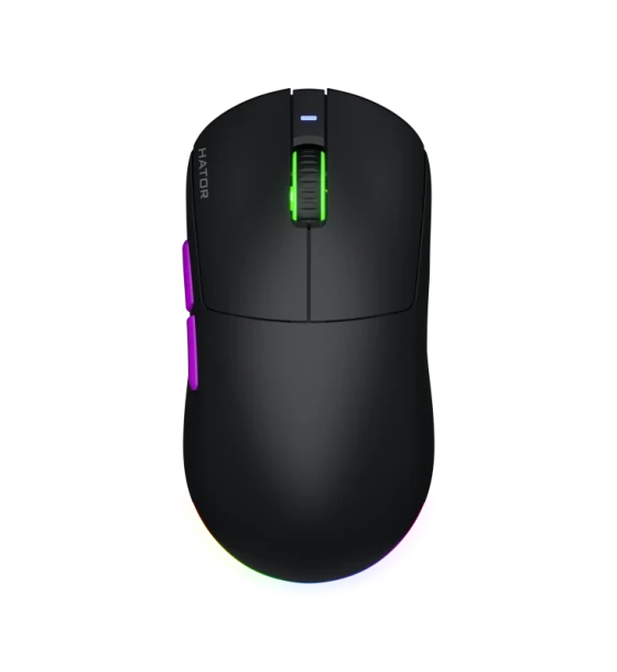 Mouse wireless Hator Quasar 3 ULTRA 8K, conectivitate 2.4GHz, bluetooth 5.4 si USB, polling rate pana la 8000Hz, senzor PixArt 3395, maxima 30000 DPI, capacitate baterie 500 mAh