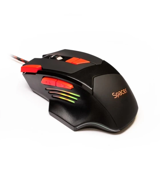 MOUSE Spacer Gaming SP-GM-02 cu fir, optic, 1000/ 1600/ 2000/ 2400 dpi, butoane/scroll 8, iluminare LED RGB, 7 cicluri prestabilite, negru
