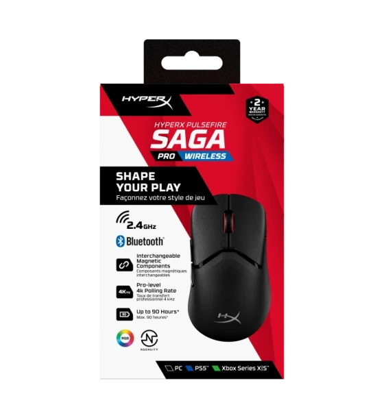 Mouse wireless HP Hyperx Pulsefire Saga Pro, 26000 dpi, 6 butoane, HyperX 26K Sensor, Iluminare RGB, baterie 450mAh Li-ion, Autonomie 90 ore, negru