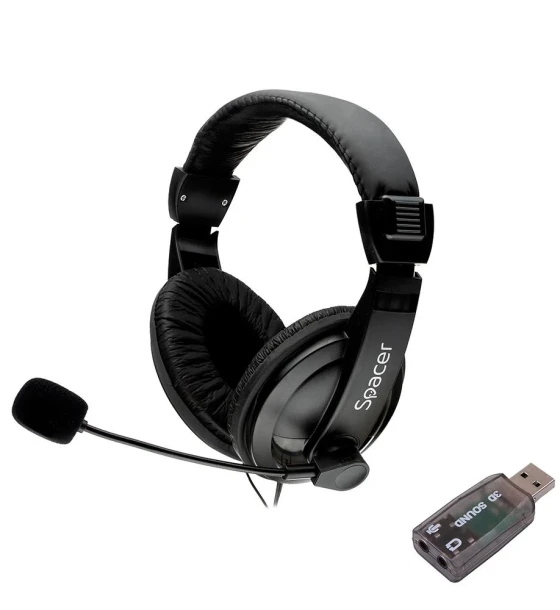 Casti Spacer, cu fir, standard, utilizare multimedia, microfon pe brat, conectare prin adaptor USB 2.0 sau Jack 3.5 mm x 2, negru