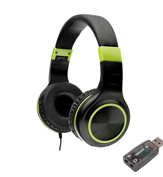 Casti Spacer, cu fir, standard, utilizare multimedia, microfon pe fir, pliabile, banda ajustabila, conectare prin adaptor USB 2.0 sau Jack 3.5 mm x 2, negru verde