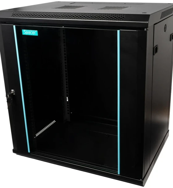 CABINET 19 SPACER 12U 600x450mm, fixare pe perete, Flatpack dezasamblat, Black, usa sticla cu blocare, panouri detasabile, otel 1.5mm, sarcina maxima 60Kg