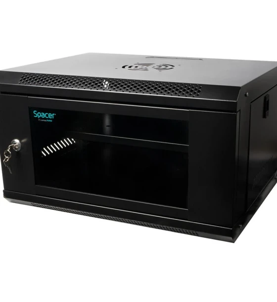 CABINET 19 SPACER 6U 500x400mm, fixare pe perete, Flatpack dezasamblat, Black, usa sticla cu blocare, panouri detasabile, otel 1mm, sarcina maxima 25Kg